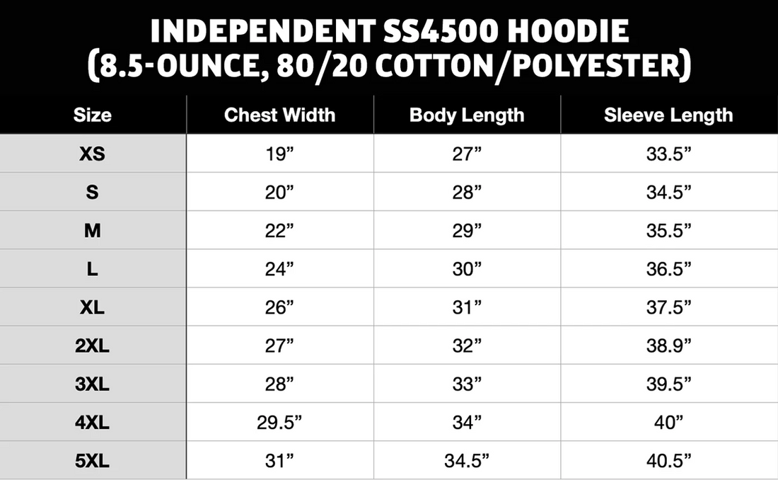 Hoodie Sizing Chart